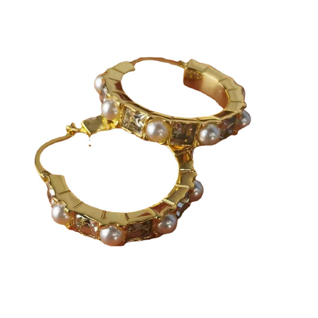 缪家新款耳环女圆圈镶钻珍珠耳圈高级感港风耳饰方钻珍珠圆形耳圈