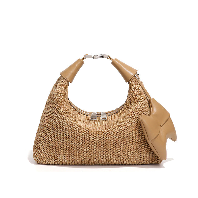 海边夏日新款拉菲草手拎饭盒包休闲百搭单肩腋下包时尚草编饺子包