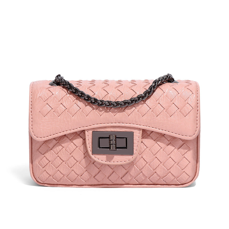 时尚百搭小方包小香风链条单肩斜挎女包简约休闲纯色手工编织包包