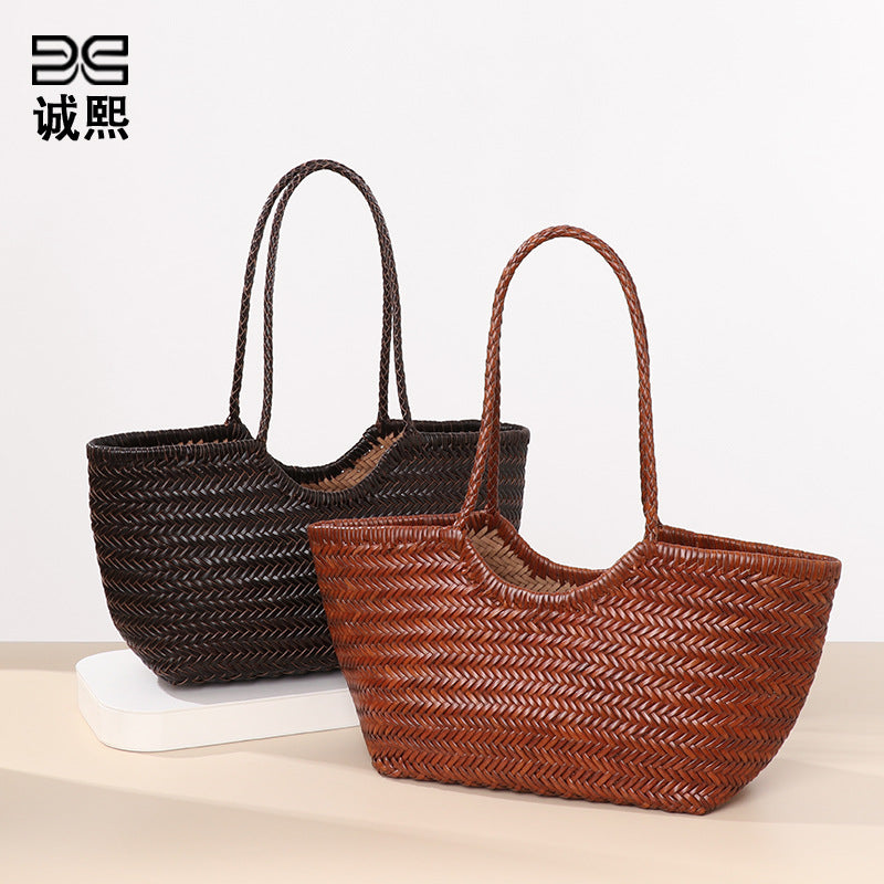 春夏手提女包牛皮单肩腋下托特包真皮小众编织包大容量菜篮子母包