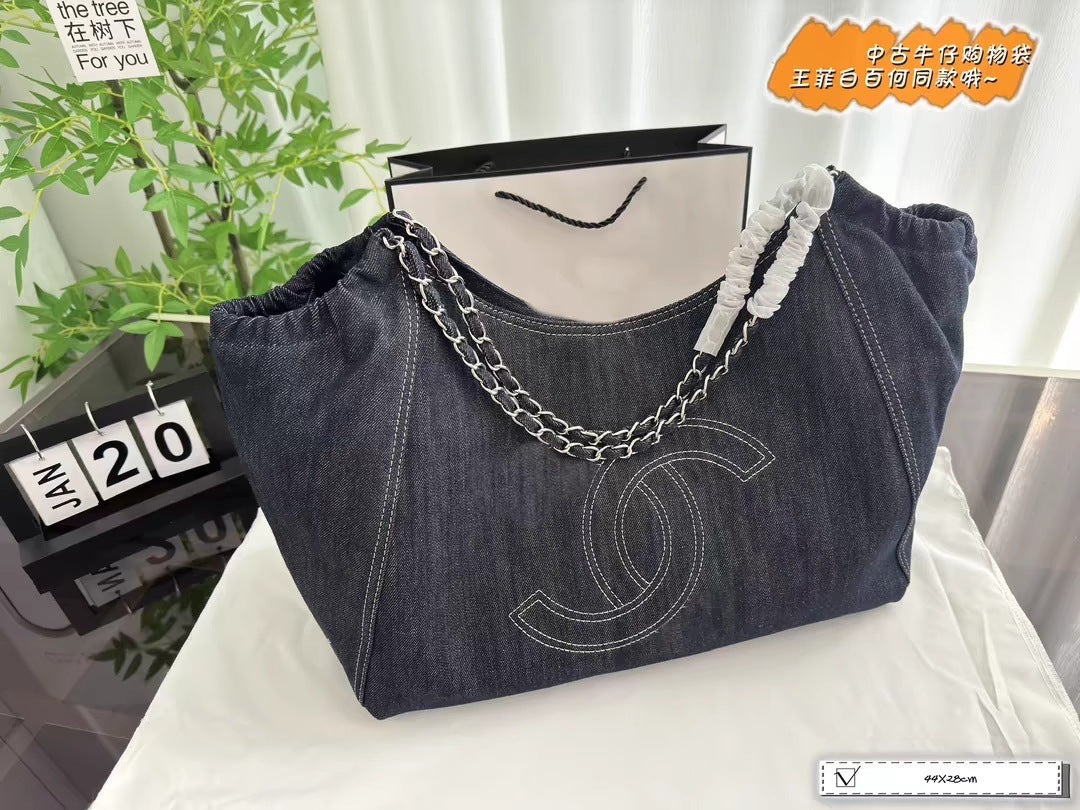 小香风牛仔布单肩包帆布大包包Vintage中古腋下包大容量托特包女