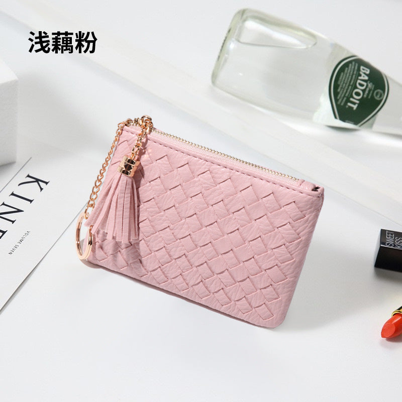 包包2025新款简约韩版女包拉链手拿包流苏迷你编织零钱包钥匙卡包