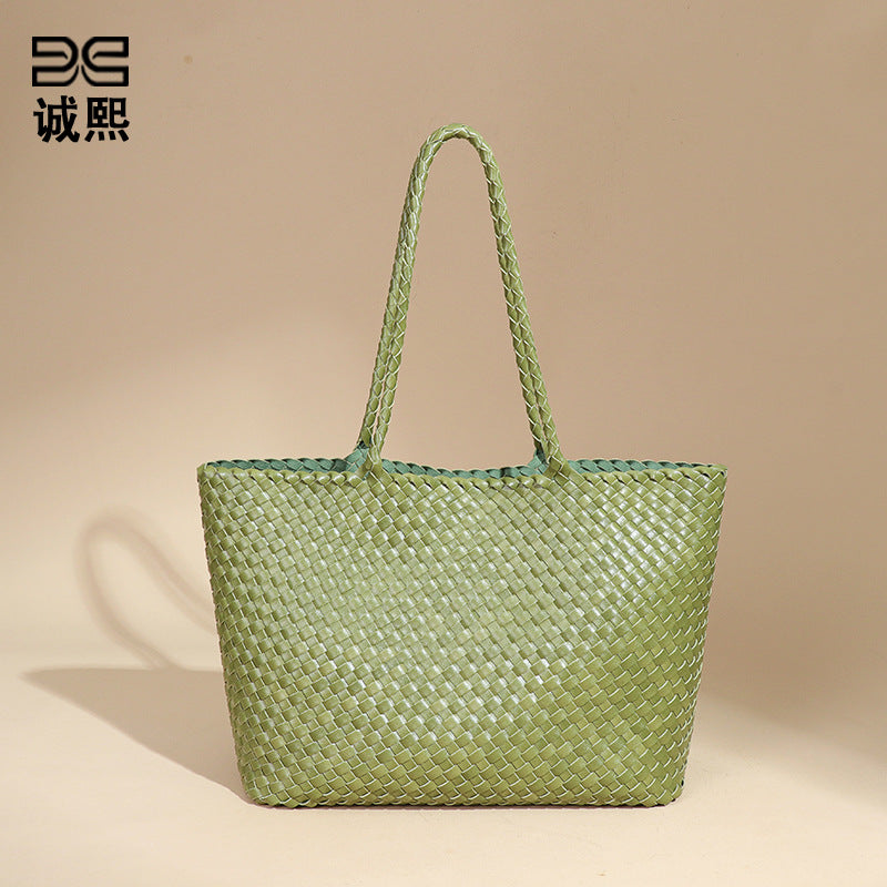夏季新款大容量手工编织包女士休闲手提托特包时尚单肩腋下子母包