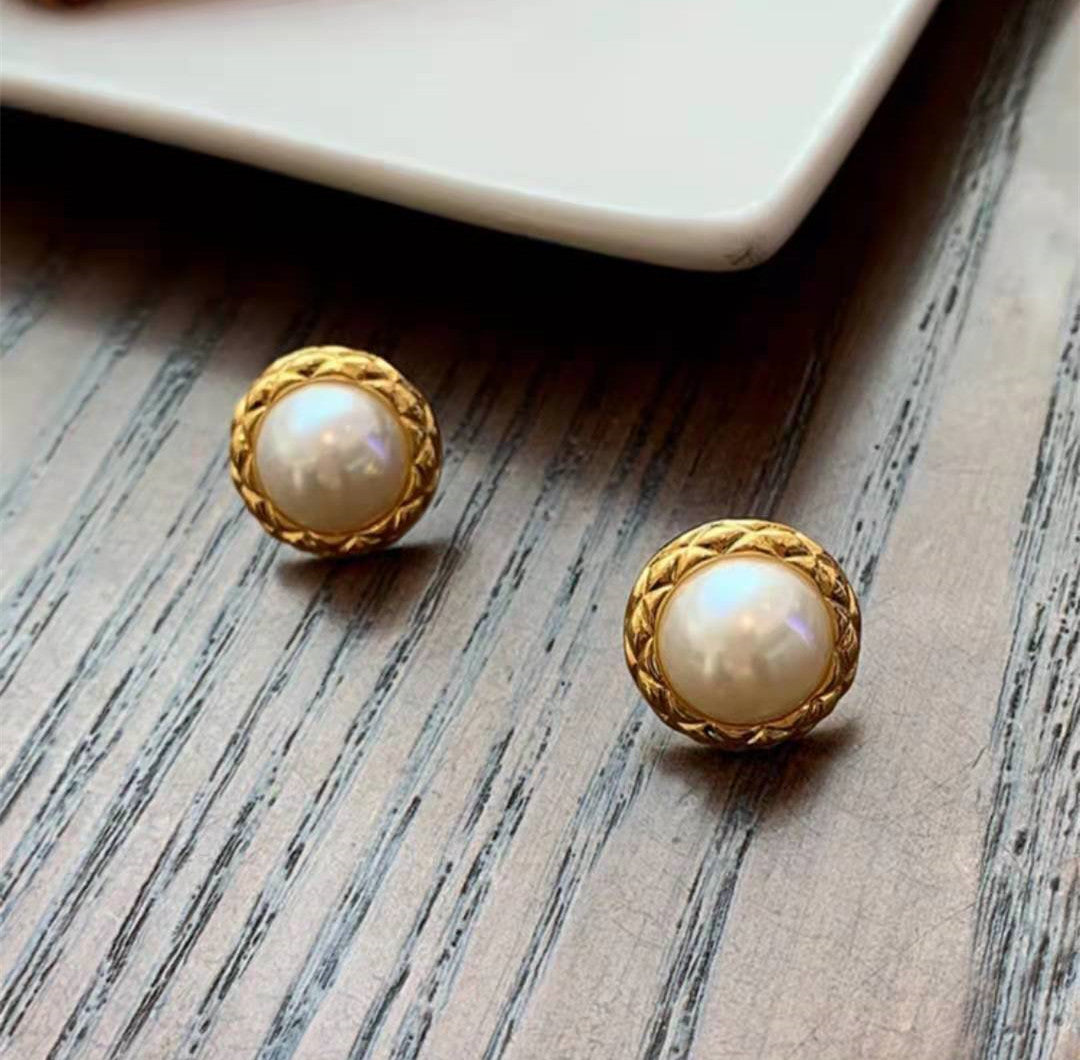 赛家珍珠耳环金色欧美复古宫廷风时尚气质圆圈耳饰菱格珍珠耳钉女