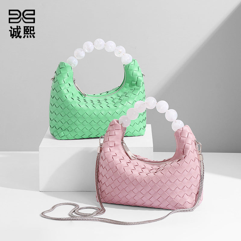 包包女小众高级时尚简约可爱手工编织单肩斜挎包珍珠奶油泡芙包包