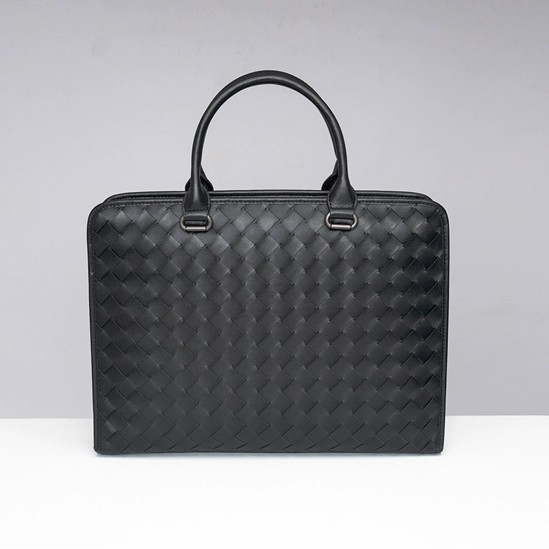 X&BV公文包男真皮横款大容量编织商务单肩斜挎包男休闲男士手提包