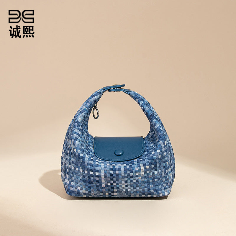 潮流新款拼接手拎饭盒包时尚手工编织女包休闲百搭小众单肩斜跨包