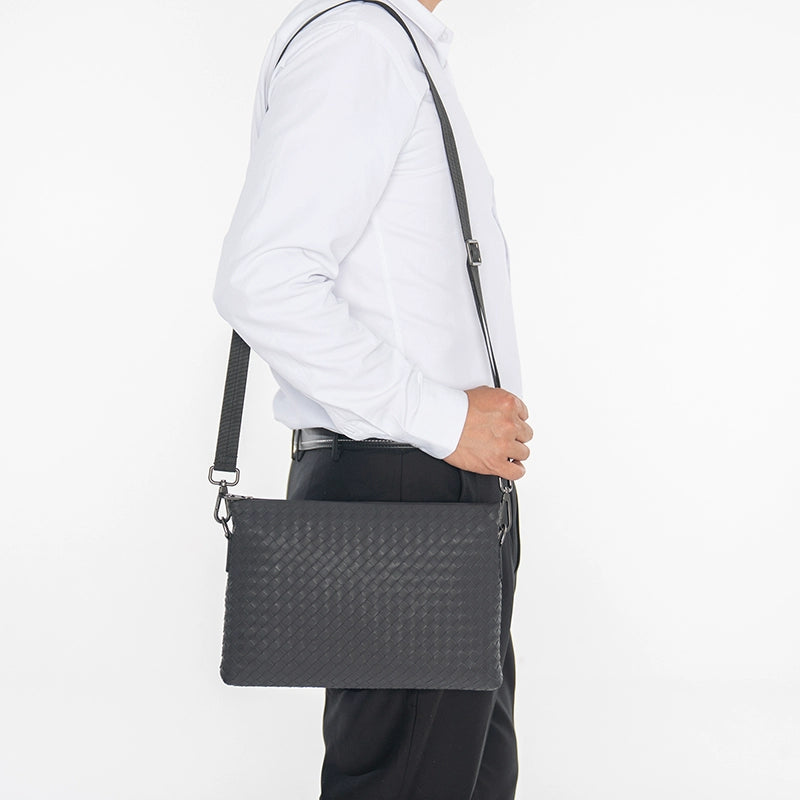 X&BV真皮单肩包男斜挎包大容量编织小背包多功能男士手拿包手包潮