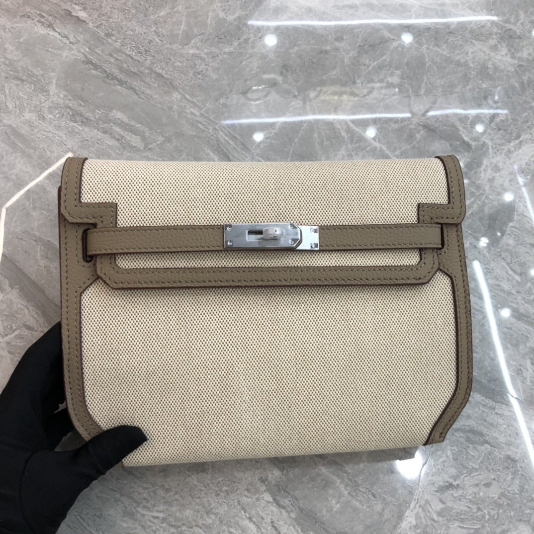 欧美时尚帆布配牛皮凯莉包2024秋冬新款单肩斜挎撞色气质小方包女