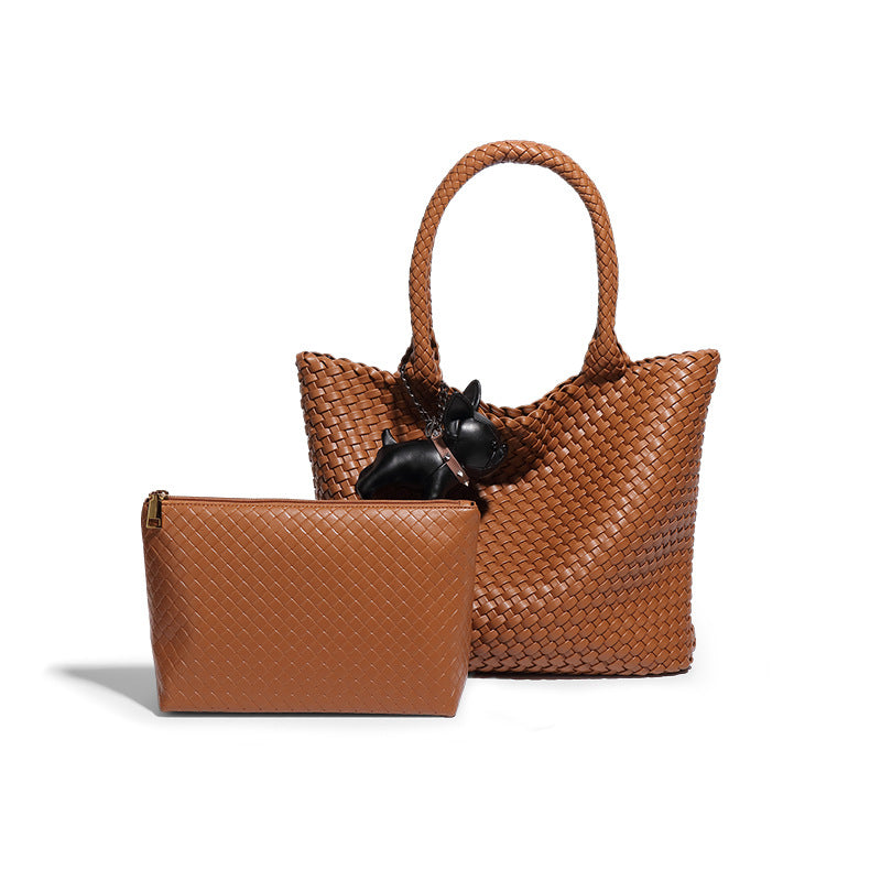 欧美复古大容量通勤手提包时尚简约手工编织包软皮百搭单肩子母包