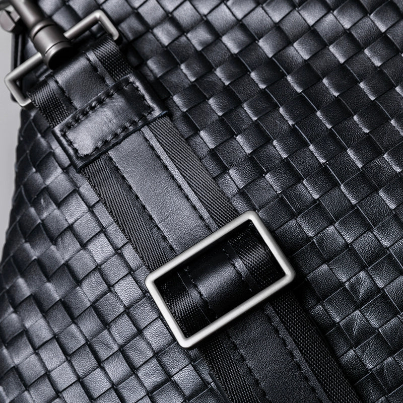 X&BV单肩包男真皮斜挎包竖款商务休闲时尚牛皮编织公文包男小背包