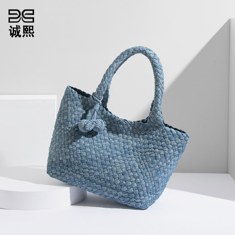 新款批发包包女高级质感通勤大容量编织牛仔布托特包菜篮子子母袋