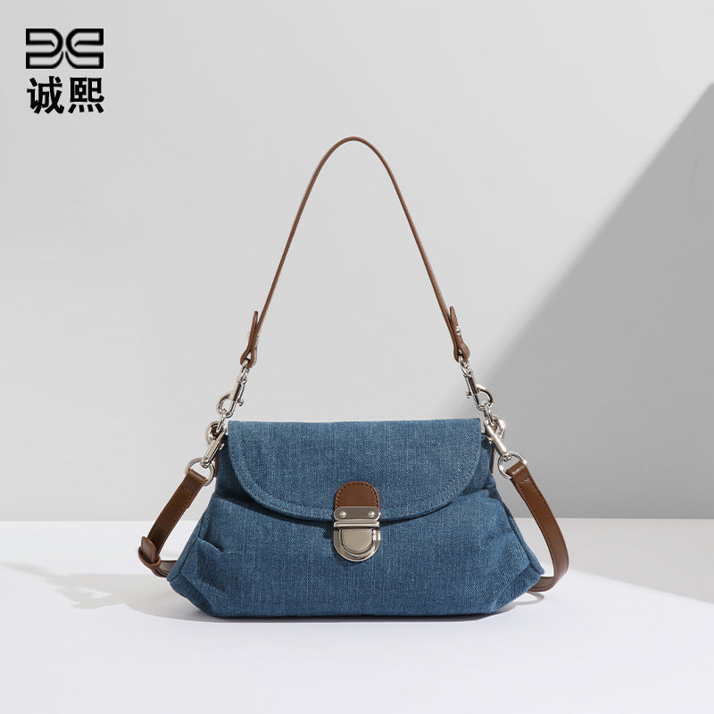 原创设计韩版手提信封包软面牛仔布单肩腋下包百搭大容量斜挎女包