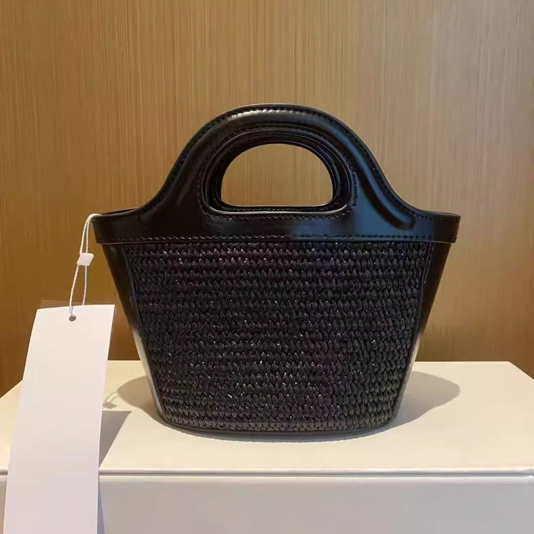 玛尼对版编织包2025春夏草编拼牛皮休闲百搭单肩斜挎迷你菜篮子包