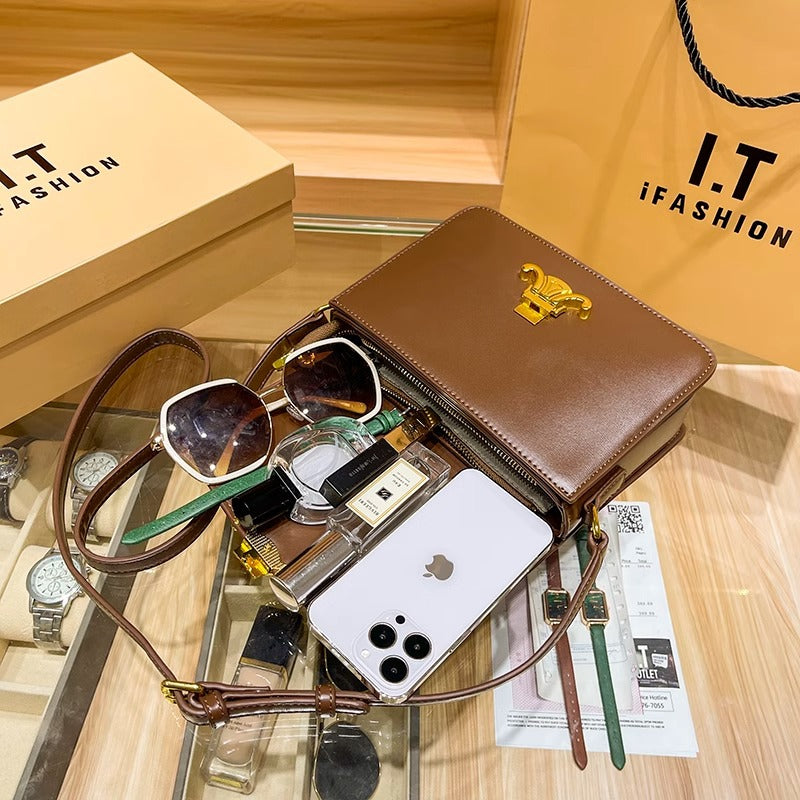 ins通勤百搭真皮包包女士高级感洋气box斜挎凯旋门豆腐包一件代发