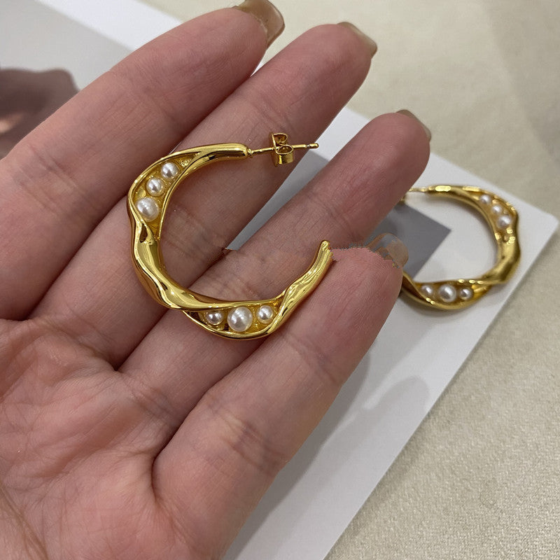 赛家新款C型豌豆荚珍珠耳环C形个性法式复古时尚扭曲珍珠耳钉女