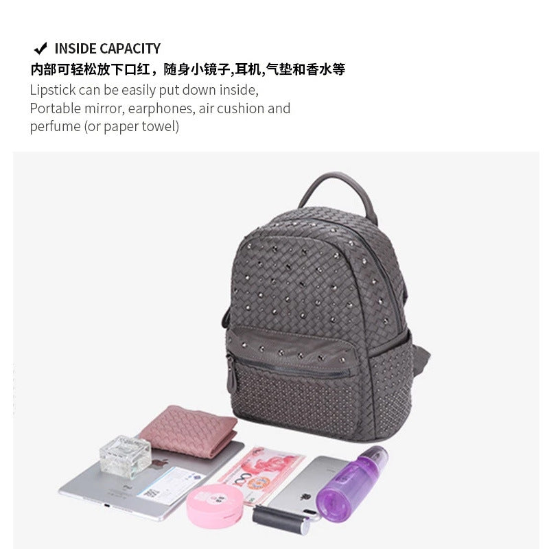 双肩包包女2025新款潮单肩斜挎两用女包时尚编织铆钉背包一件代发