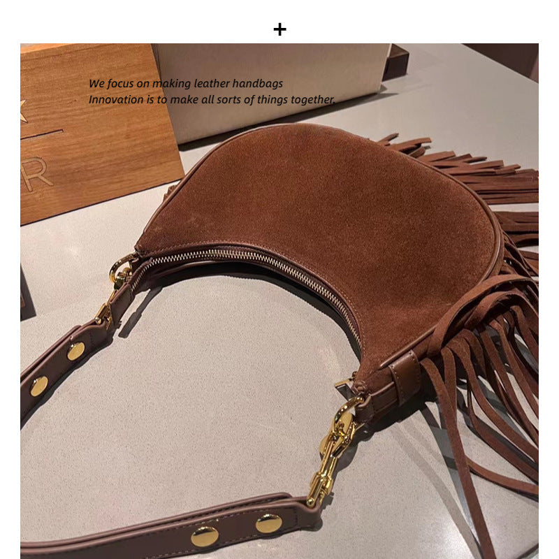 2023新款网红同款时尚百搭复古棕色流苏设计单肩斜挎包包女牛皮潮