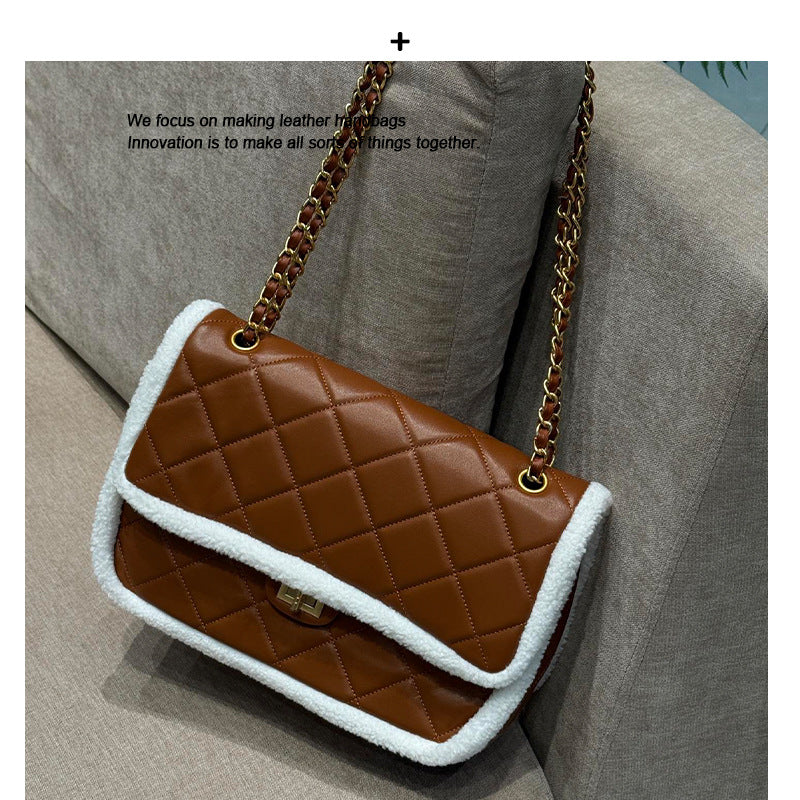 羊羔毛磨砂皮包2024秋冬新款时尚毛绒单肩包真皮锁扣托特包手提包