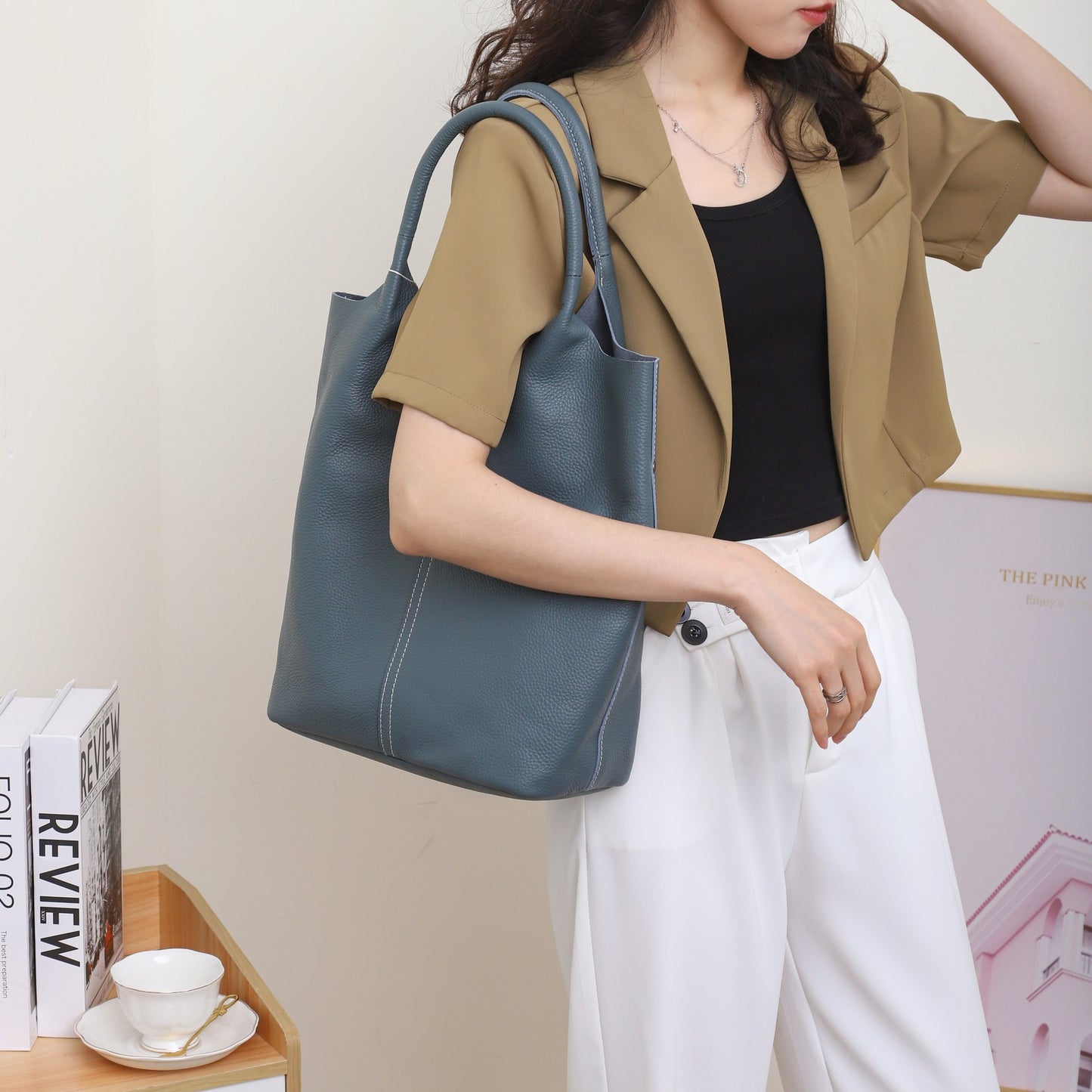 ins简约日系大容量休闲托特包头层牛皮单肩手提腋下大包一件代发