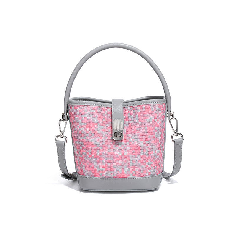 潮流撞色手提包个性百搭编织女包大容量水桶包质感休闲单肩斜跨包