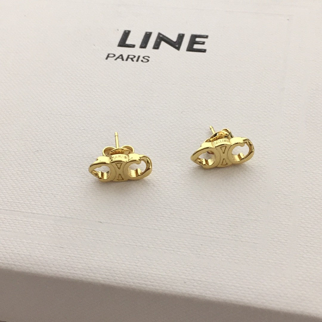 CEL风22新款凯旋门耳钉女高级感光面气质黄铜镀24K厚金银针耳环