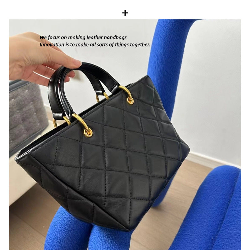 新款真皮菜篮子包时尚复古菱格手提包休闲百搭单肩斜挎托特包女