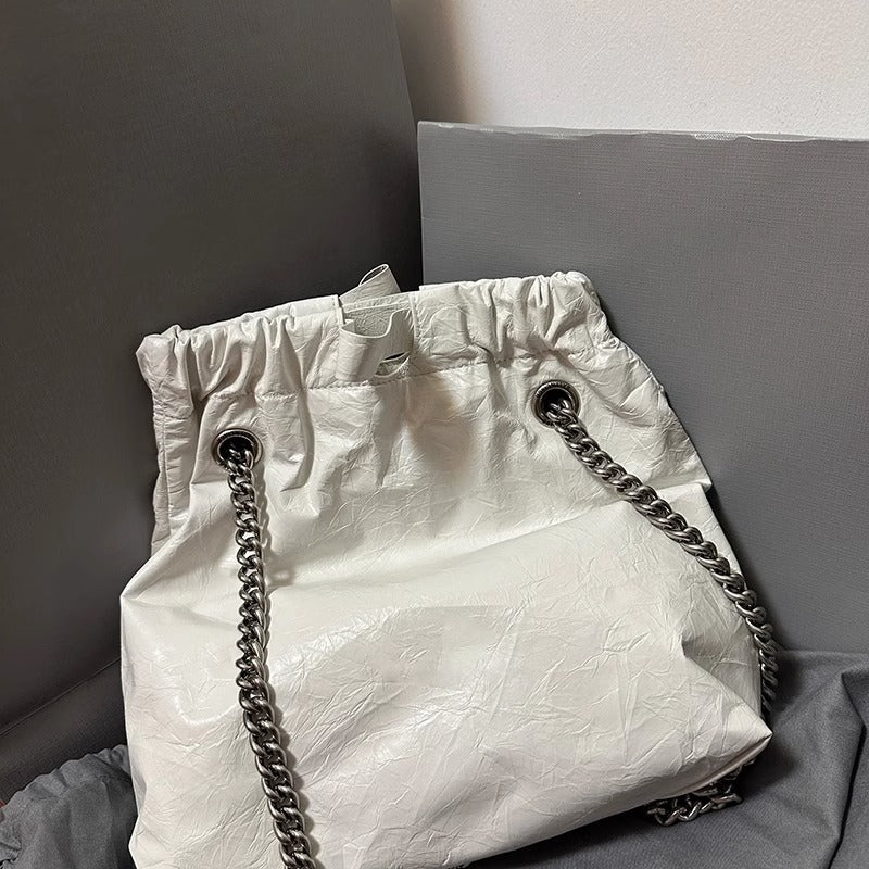 ins风慵懒随性手抓纹头层植鞣牛皮 链条单肩托特大包高质感垃圾袋