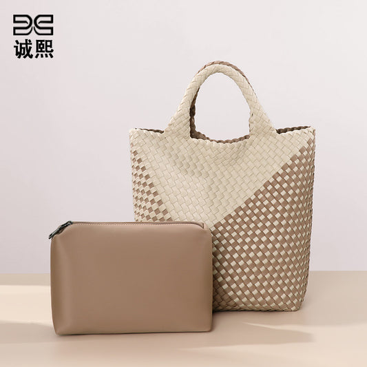 跨境新款手提编织女包工厂定制贴标拼色托特包个性潮流手拎子母包