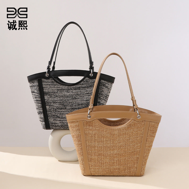 新款度假沙滩子母包草编菜篮子单肩女包时尚腋下包手拎编织托特包