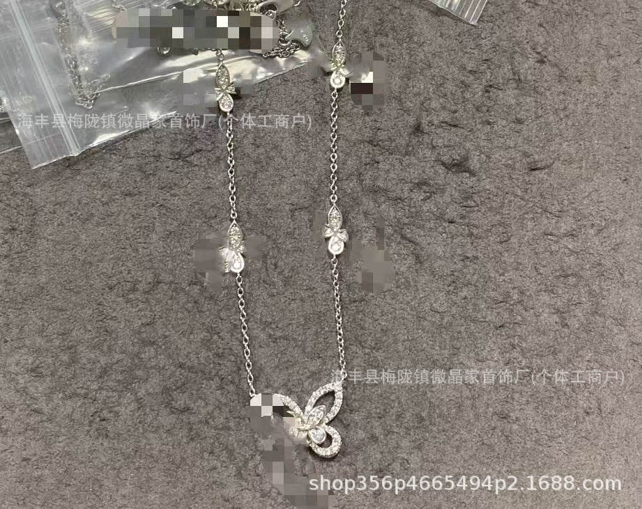 高版本格拉家幻影蝴蝶项链满钻双五蝴蝶粉钻925银镀18k玫瑰金V金