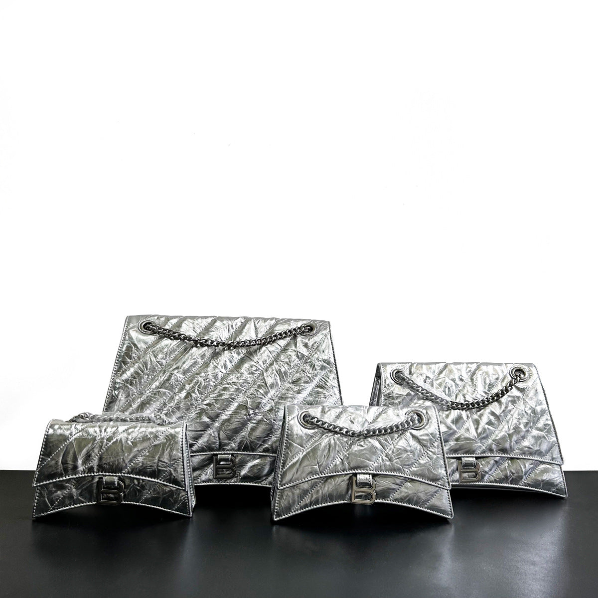 高级感头层牛皮沙漏包2023秋冬新款褶皱菱格链条包b家单肩斜挎女