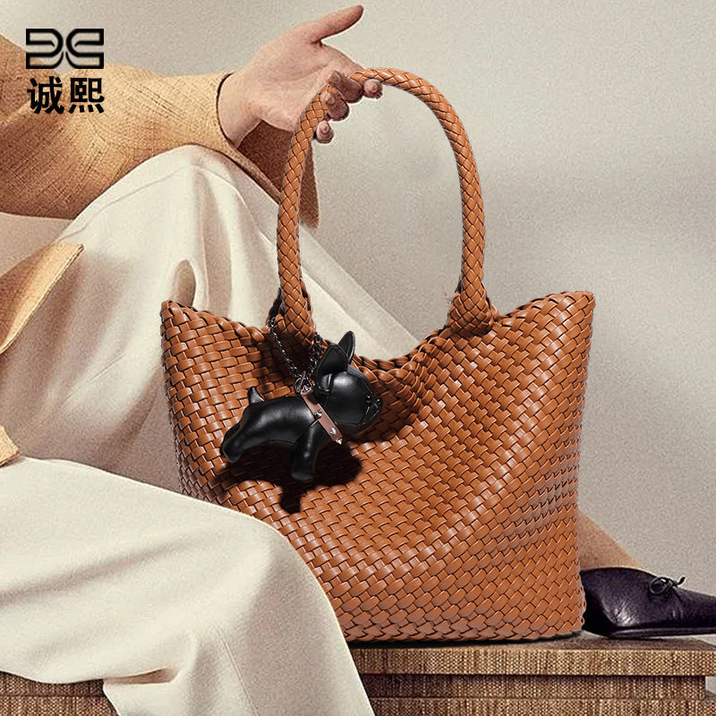 欧美复古大容量通勤手提包时尚简约手工编织包软皮百搭单肩子母包