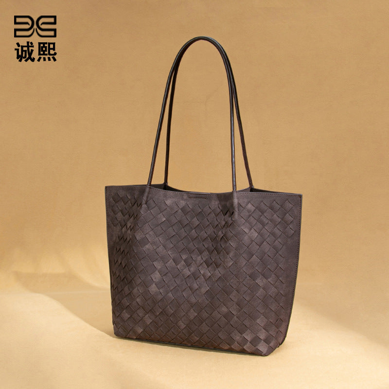 秋冬新款大容量单肩腋下女包编织磨砂手提包质感潮流子母托特包女