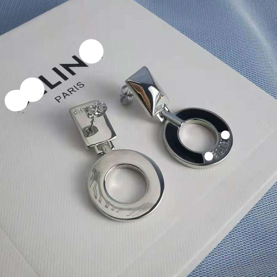 赛家新款celi风法式黑色滴胶圆饼长方形耳钉复古时尚耳环圆牌耳饰