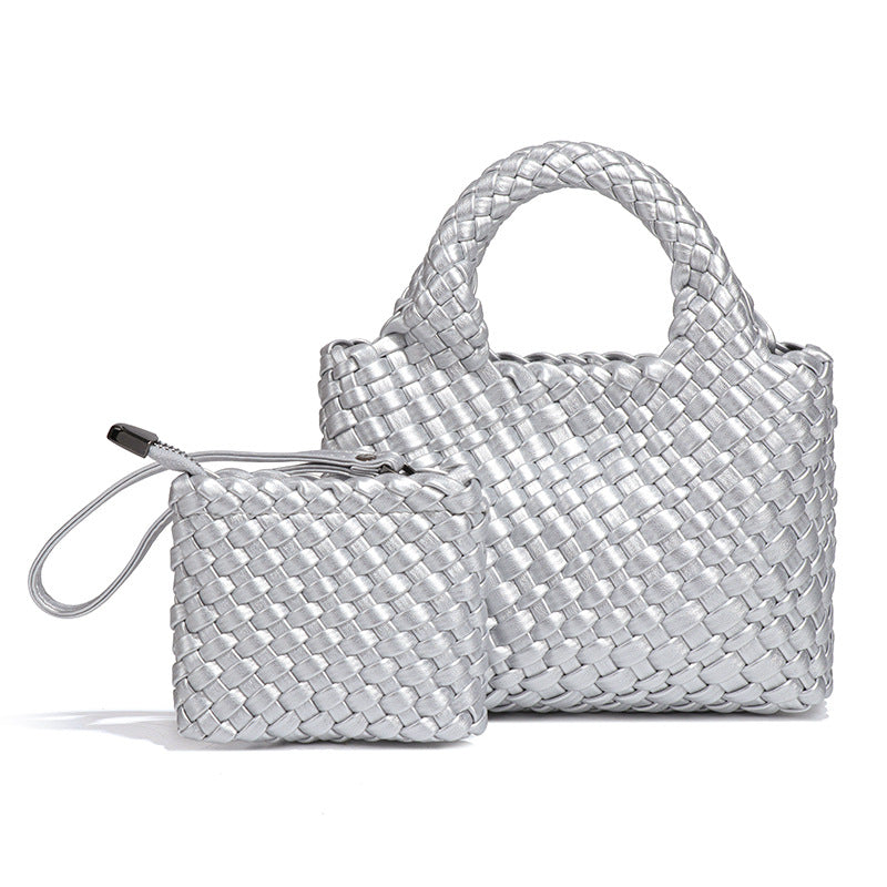 时尚百搭小清新手拎编织女包休闲纯色菜篮子单肩斜挎包手提子母包