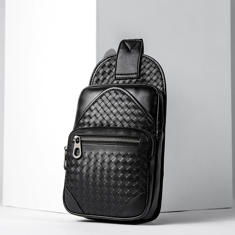 X&BV胸包男真皮大容量男士单肩斜挎包牛皮休闲编织男包胸前包背包