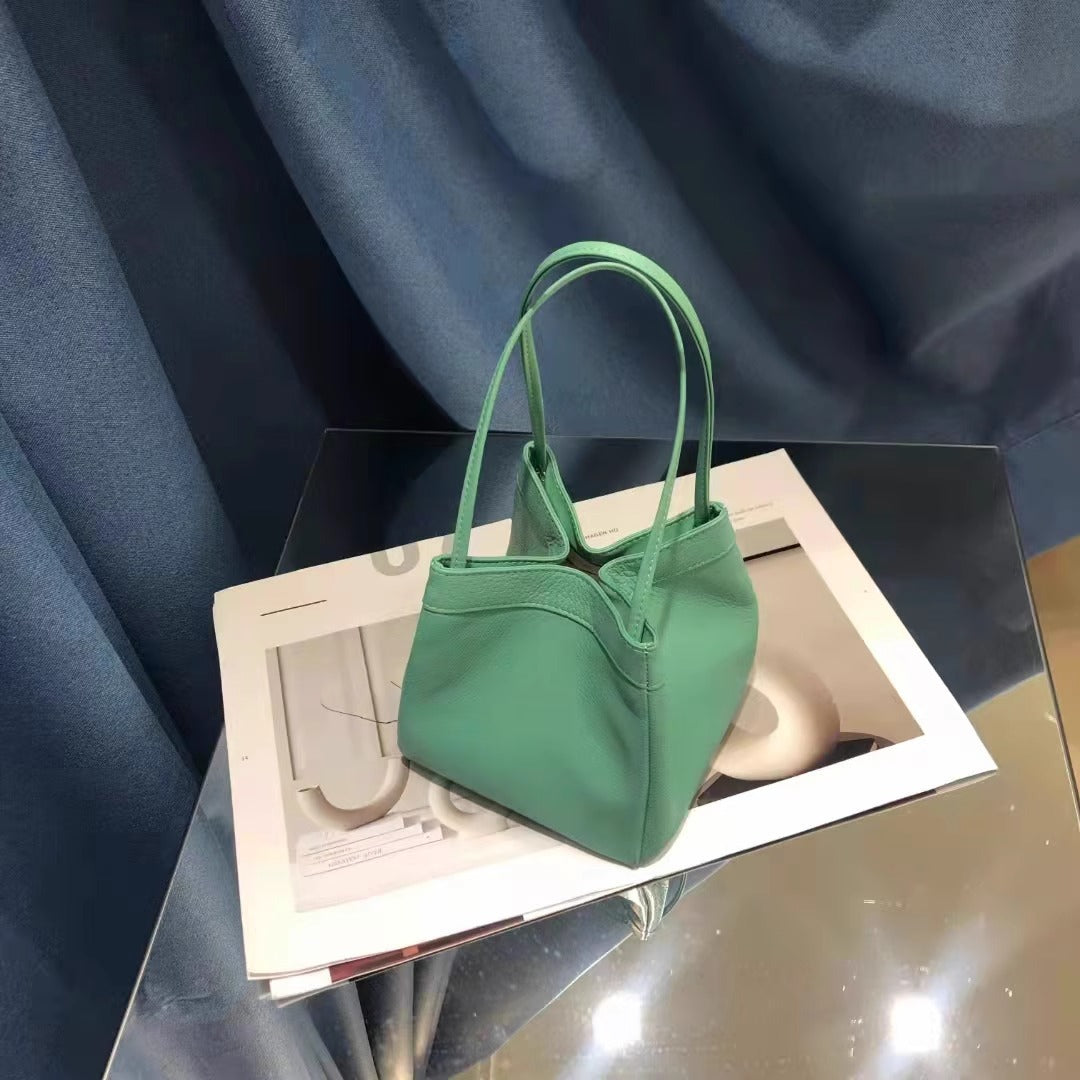 新中式国风晕染菜篮子包牛皮绸缎锦囊包手提包女单肩斜挎包水桶包