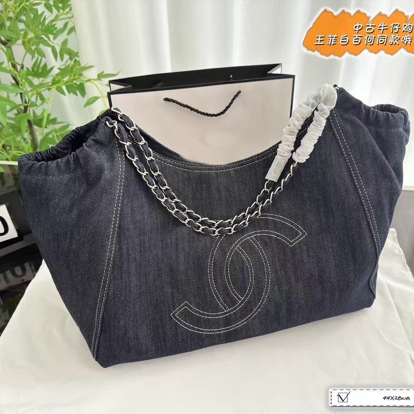 小香风牛仔布单肩包帆布大包包Vintage中古腋下包大容量托特包女