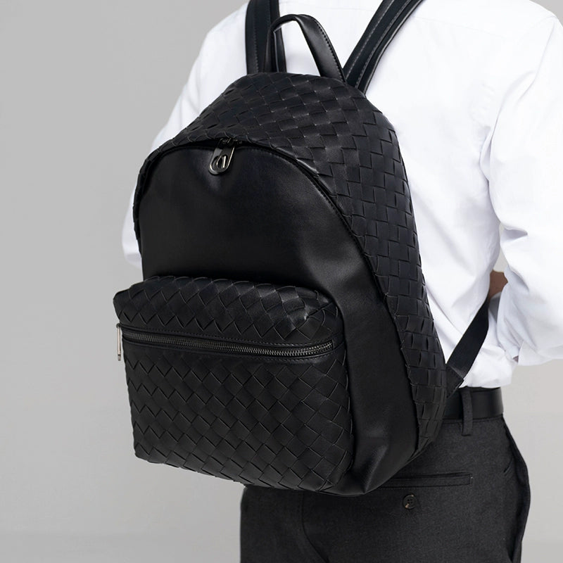 x&bv双肩包男真皮商务休闲简约编织电脑书包旅行包大容量男士背包