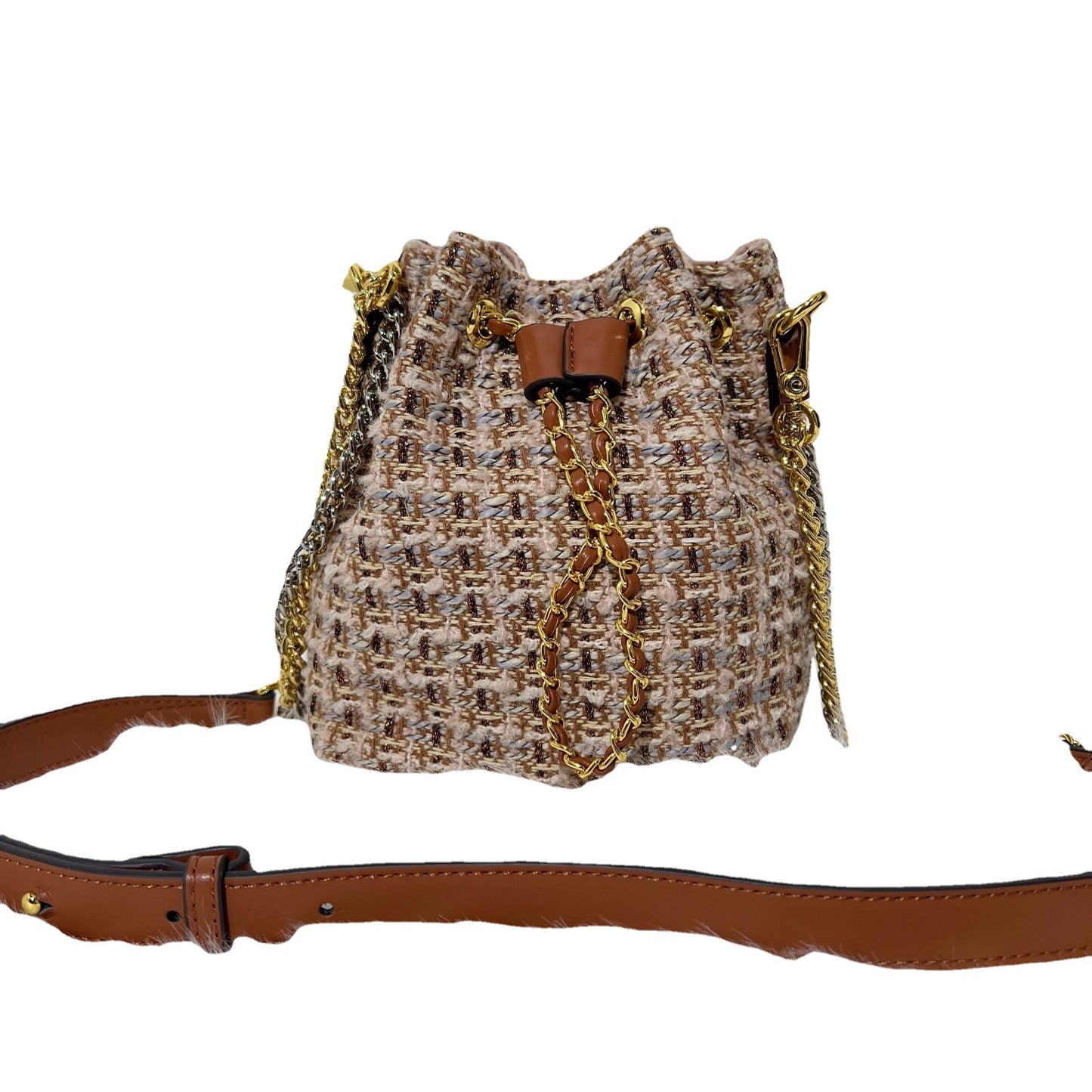 2024秋冬新品时尚复古呢子水桶包抽绳双色链条包单肩斜跨女包包潮