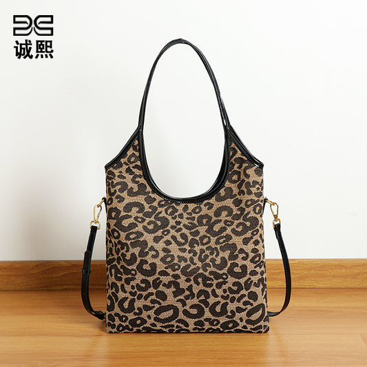 秋冬新款大容量豹纹包包欧美复古单肩托特包时尚潮流慵懒风腋下包