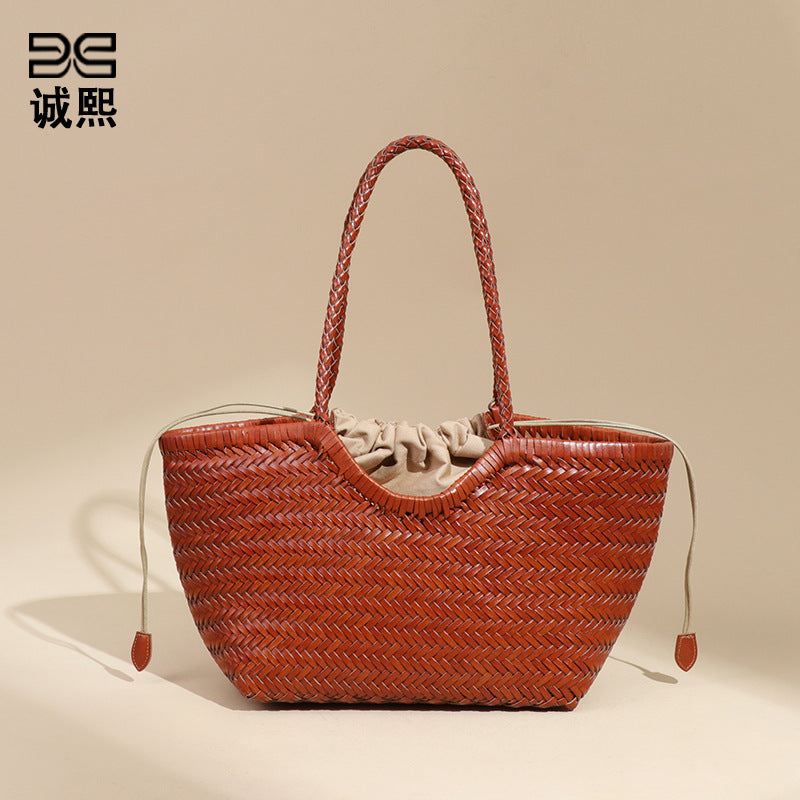 时尚不规格真皮编织菜篮子单肩腋下女包大容量通勤手提子母托特包