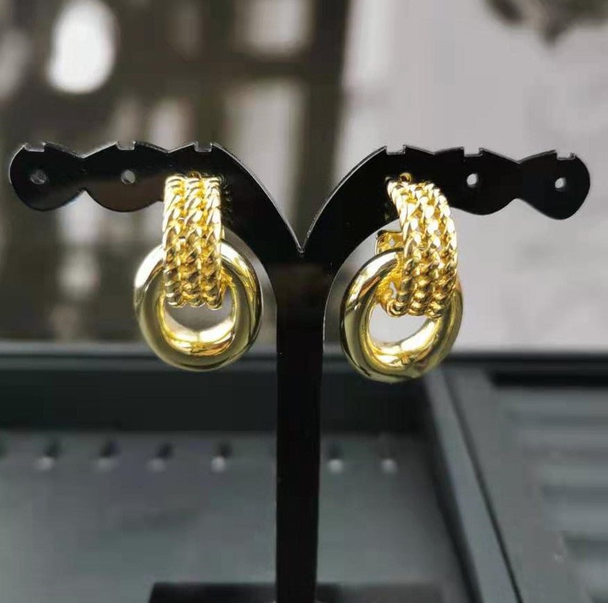 赛家新款耳环马蹄扣中古高级感半圆形椭圆金属耳圈链条编织耳钉