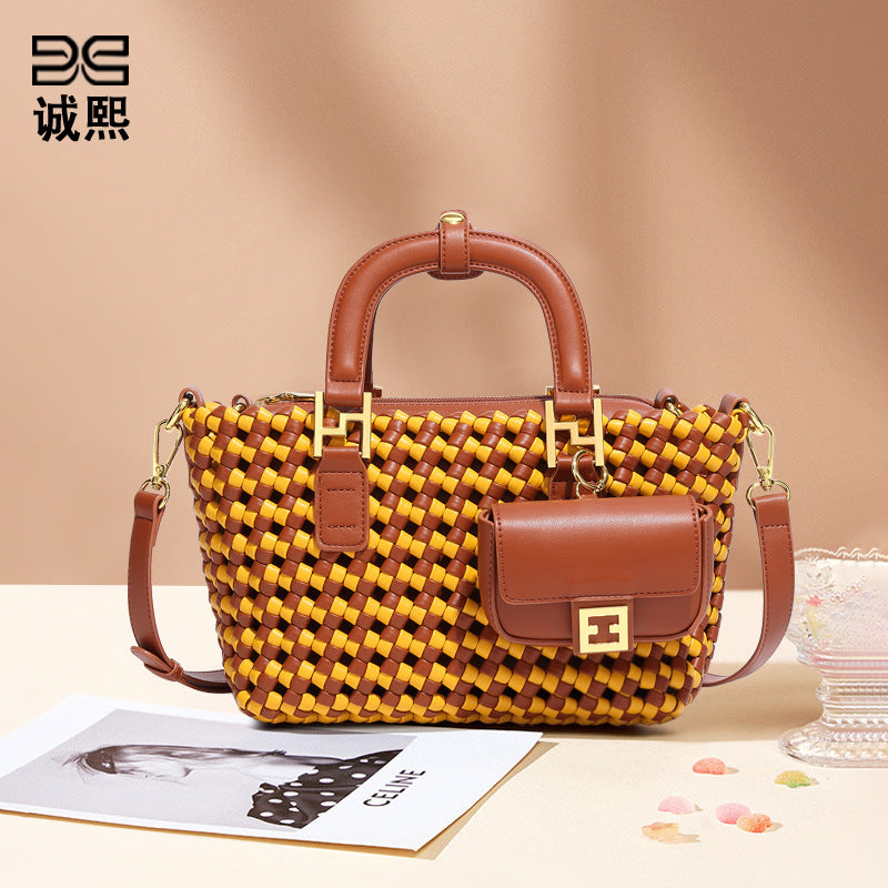 秋冬新款拼色手工编织包复古时尚单肩斜跨包休闲百搭三合一手提包