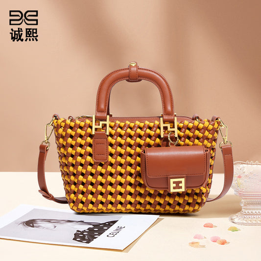 秋冬新款拼色手工编织包复古时尚单肩斜跨包休闲百搭三合一手提包