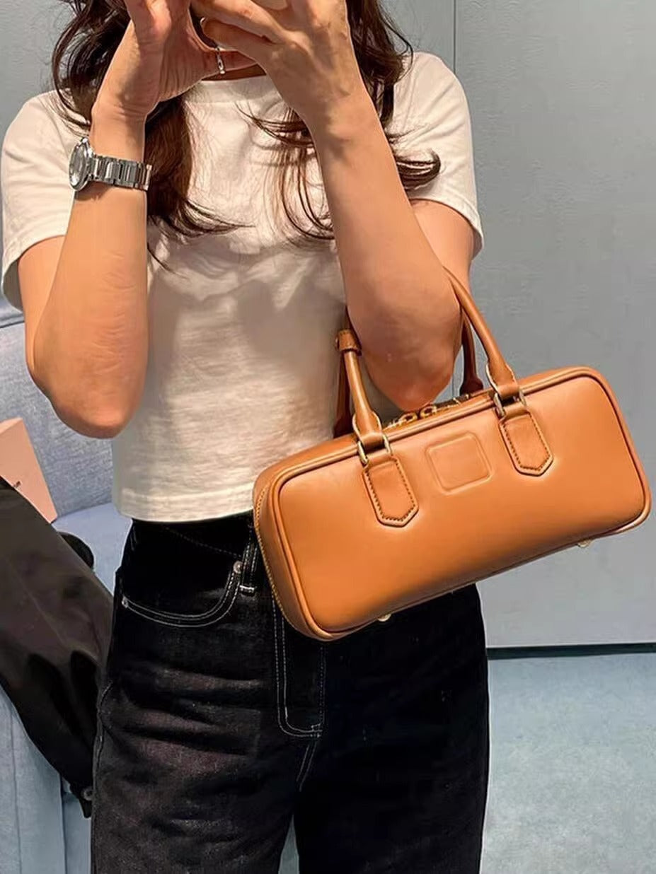 miu家新款真皮女包保龄球包横款公文包波士顿手提单肩包直播代发