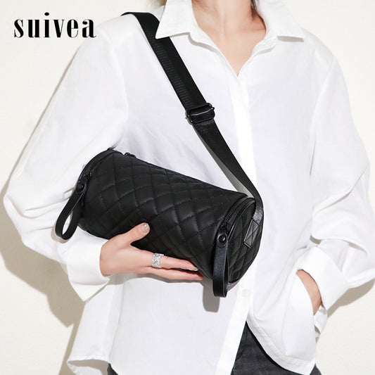 2025新款网红私人定制菱格休闲圆筒包时尚潮流百搭单肩斜跨女士包