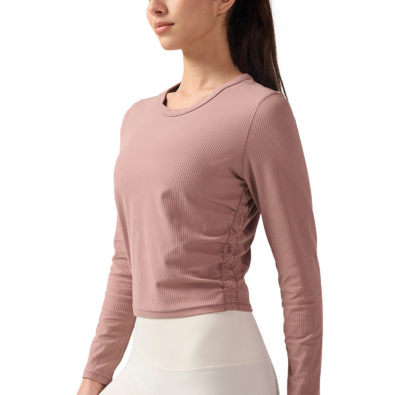 lulu高弹力罗纹长袖瑜伽服女褶皱显瘦健身T恤透气运动衫休闲上衣