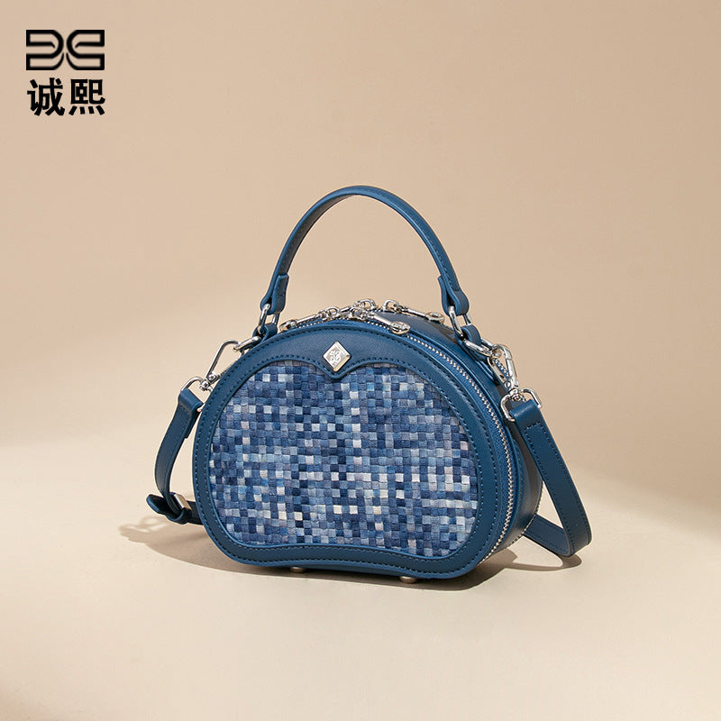 时尚韩版2025新款手拎小圆包小众设计百搭单肩斜跨包休闲编织女包